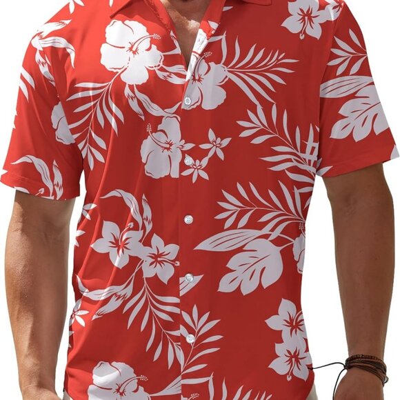 Men Red Hawaiian Wrinkle Free Short Sleeve Button Down Tropical Floral Shirt - Picture 2 of 5